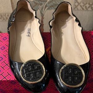 Tory Burch Black Patent Leather Logo Circle Flats Shoes only ; Box not included